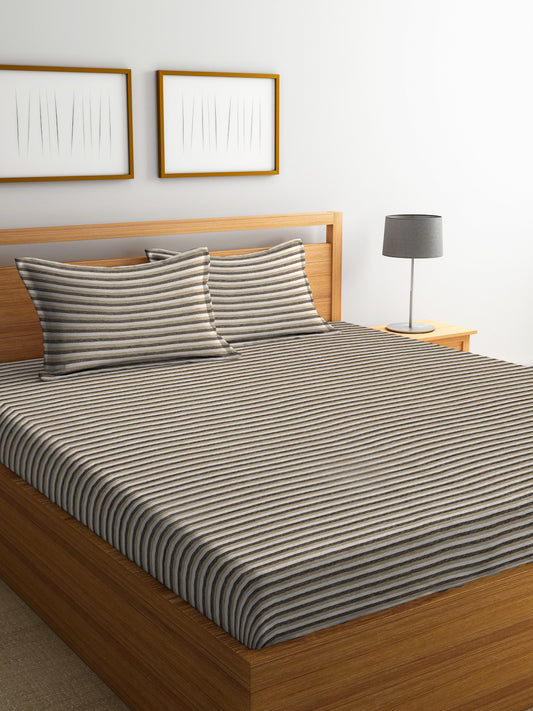 Arrabi Beige Stripes Handwoven Cotton King Size Bedsheet with 2 Pillow Covers (260 X 230 cm)