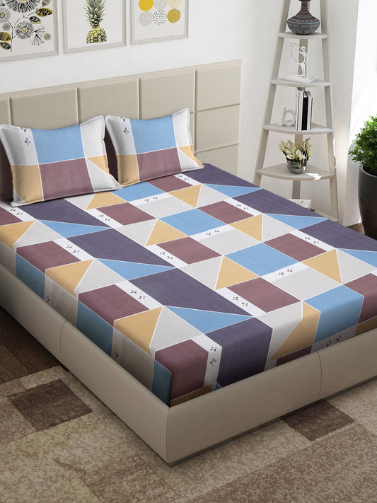 Arrabi Multi Geometric TC Cotton Blend King Size Bedsheet with 2 Pillow Covers (250 x 215 cm)