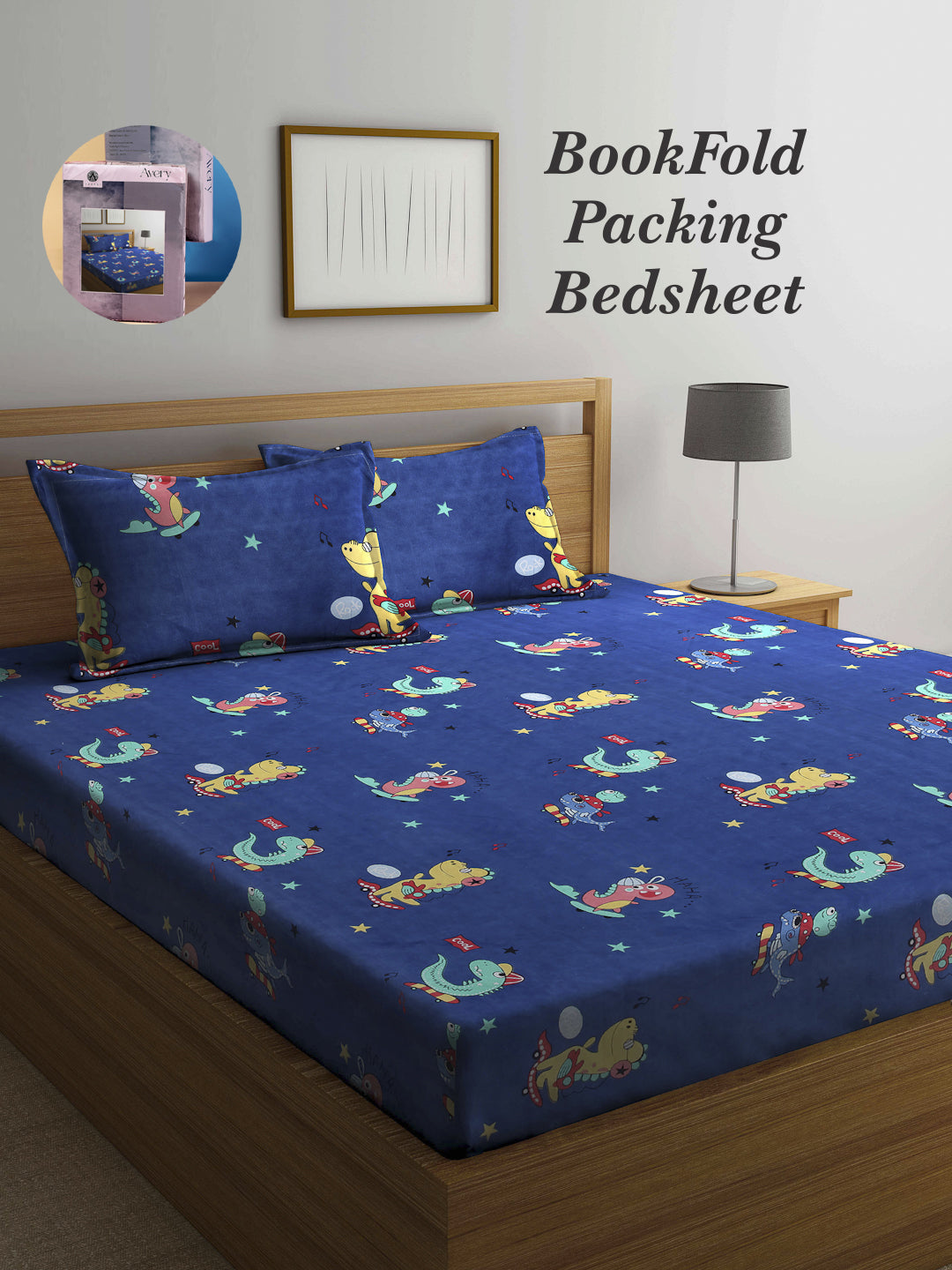 Arrabi Blue Cartoon TC Cotton Blend King Size Bookfold Bedsheet with 2 Pillow Covers (250 X 220 cm)