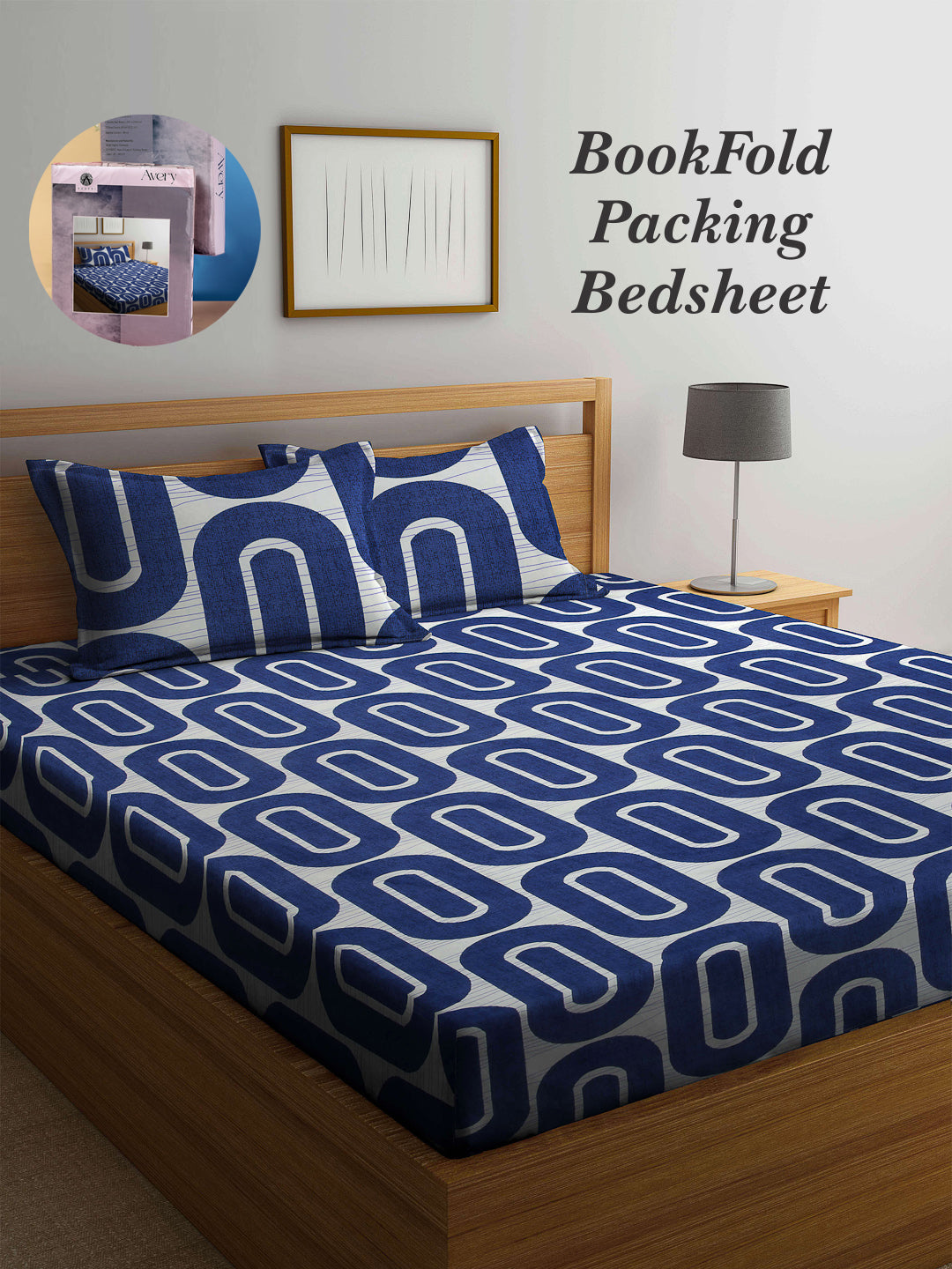 Arrabi Blue Geometric TC Cotton Blend Super King Size Bookfold Bedsheet with 2 Pillow Covers (270 X 260 cm)