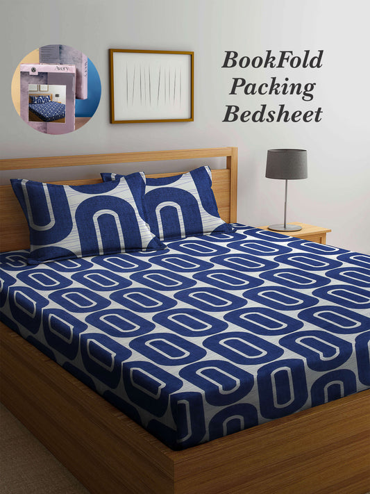 Arrabi Blue Geometric TC Cotton Blend Super King Size Bookfold Bedsheet with 2 Pillow Covers (270 X 260 cm)