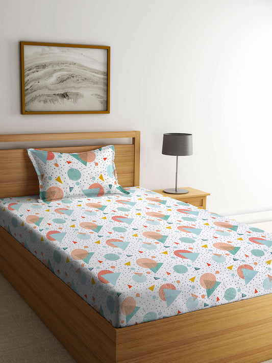 Arrabi White Geometric TC Cotton Blend Single Size Bedsheet with 1 Pillow Cover (215 x 150 cm)