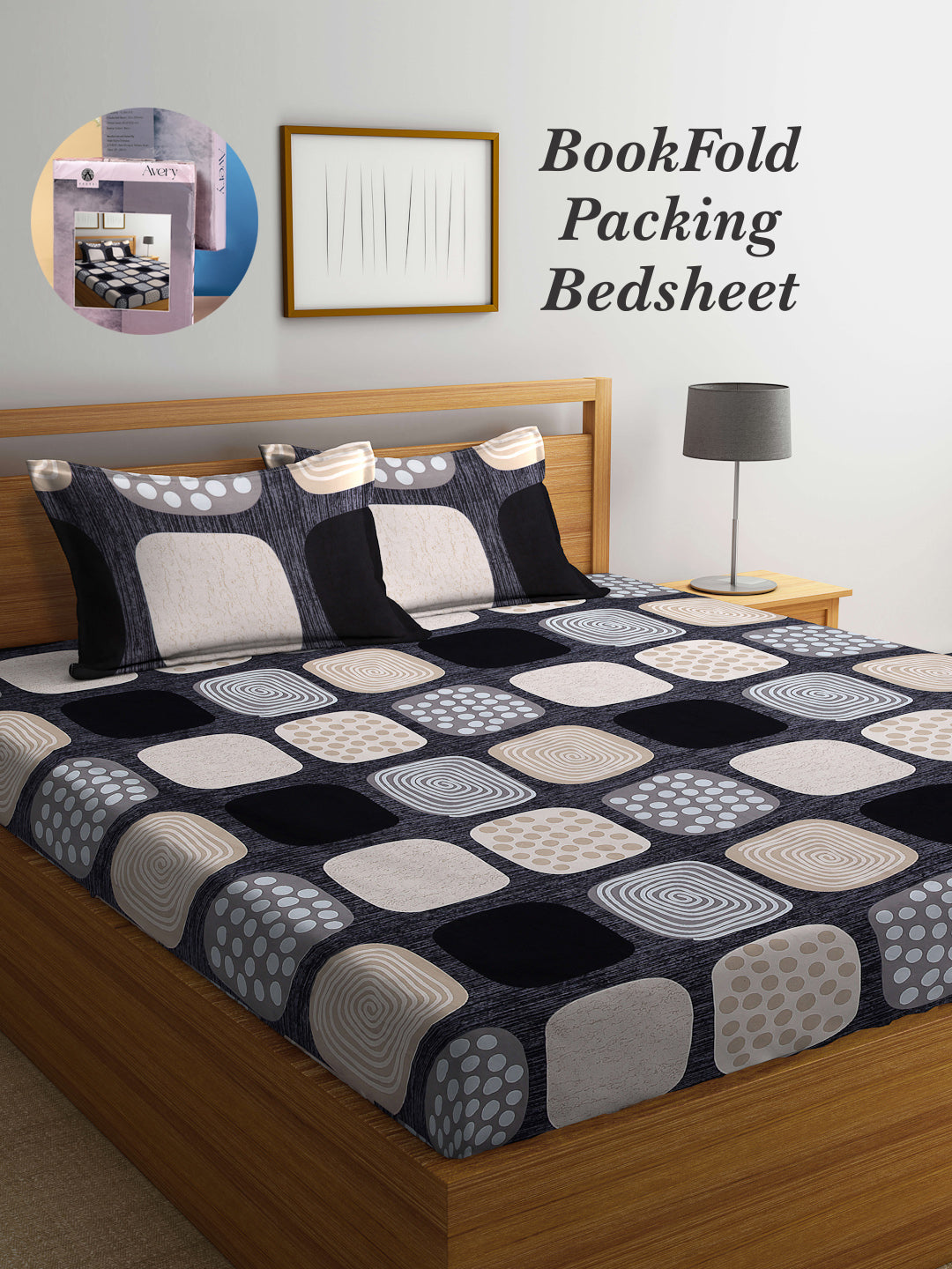 Arrabi Black Abstract TC Cotton Blend King Size Bookfold Bedsheet with 2 Pillow Covers (250 X 215 cm)