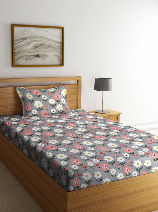 Arrabi Grey Floral TC Cotton Blend Single Size Bedsheet with 1 Pillow Cover (215 x 150 cm)