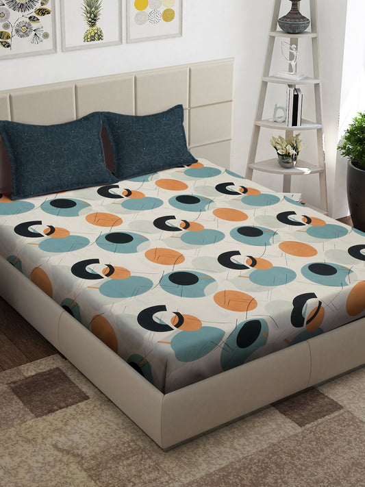 Arrabi Multi Geometric TC Cotton Blend Super King Size Bedsheet with 2 Pillow Covers (270 x 260 cm)