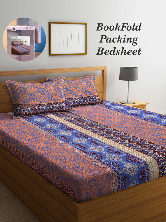 Arrabi Multi Indian TC Cotton Blend King Size Bookfold Bedsheet with 2 Pillow Covers (250 X 215 cm)