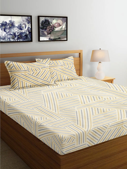 Arrabi Beige Stripes TC Cotton Blend King Size Bedsheet with 2 Pillow Covers (250 x 215 cm)