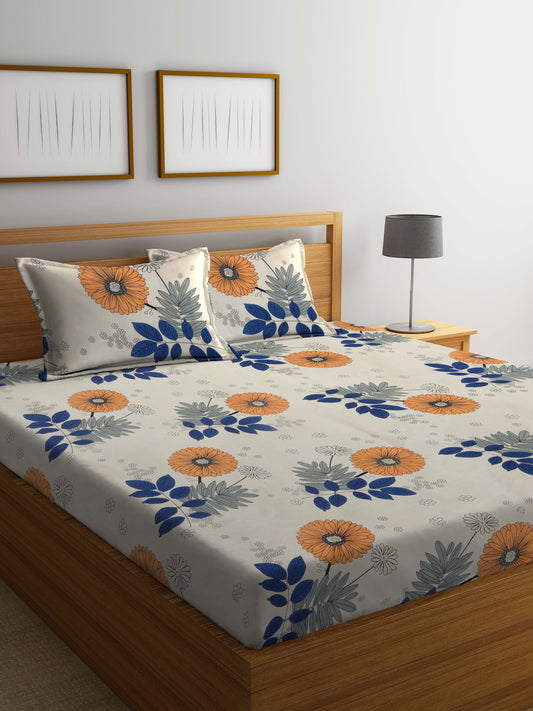 Arrabi Cream Floral TC Cotton Blend King Size Bedsheet with 2 Pillow Covers (250 X 215 cm)