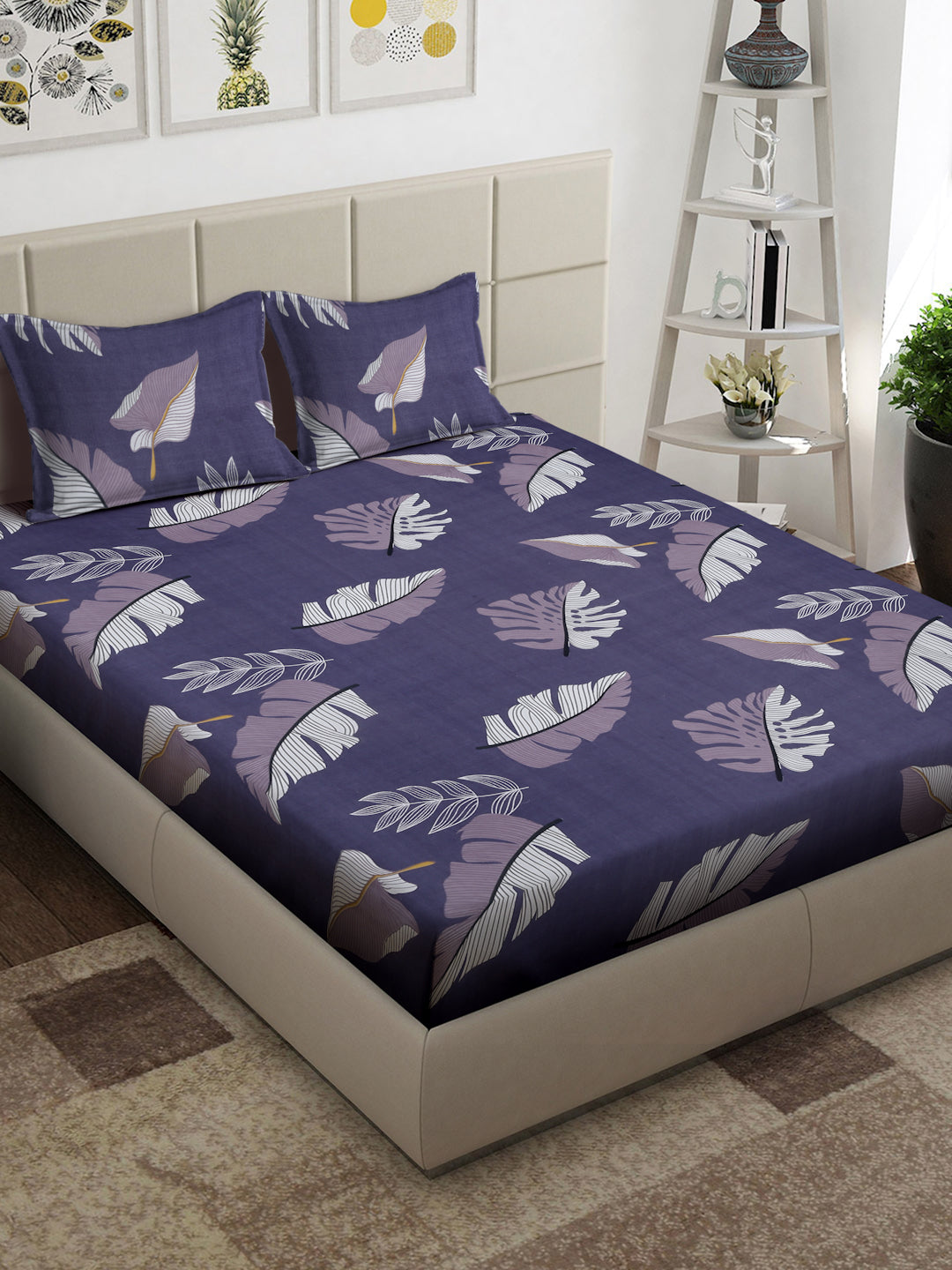Arrabi Purple Leaf TC Cotton Blend King Size Bedsheet with 2 Pillow Covers (250 x 215 cm)