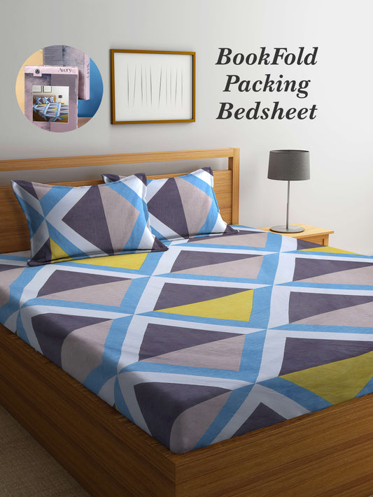 Arrabi Multi Geometric TC Cotton Blend King Size Bookfold Bedsheet with 2 Pillow Covers (250 X 215 cm)
