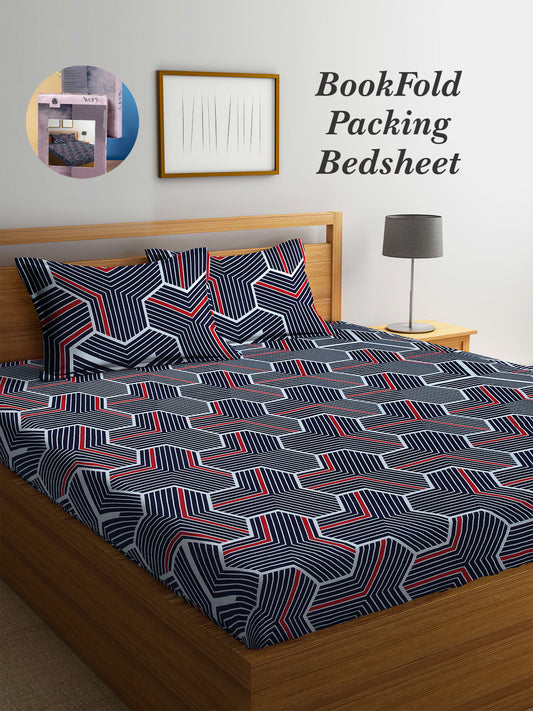 Arrabi Blue Geometric TC Cotton Blend King Size Bookfold Bedsheet with 2 Pillow Covers (250 X 220 cm)