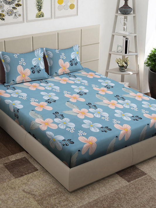 Arrabi Blue Floral TC Cotton Blend King Size Bedsheet with 2 Pillow Covers (250 x 215 cm)