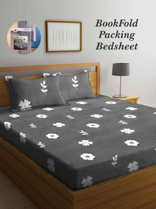 Arrabi Grey Floral TC Cotton Blend Super King Size Bookfold Bedsheet with 2 Pillow Covers (270 X 260 cm)