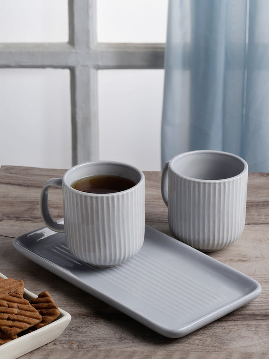 Stripped Set of 2 Ceramic Mugs With Tray