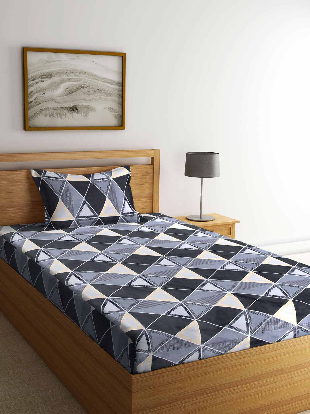 Arrabi Grey Geometric TC Cotton Blend Single Size Bedsheet with 1 Pillow Cover (215 x 150 cm)