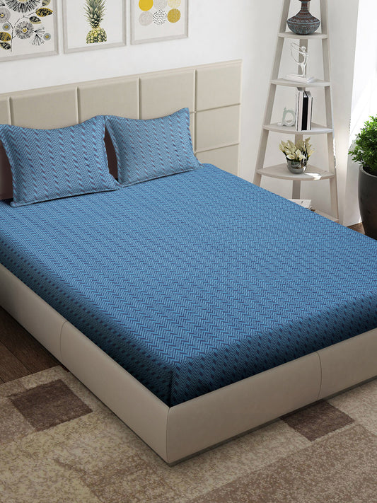 Arrabi Blue Geometric 100% Handwoven Cotton King Size Bedsheet with 2 Pillow Covers (260 x 230 cm)