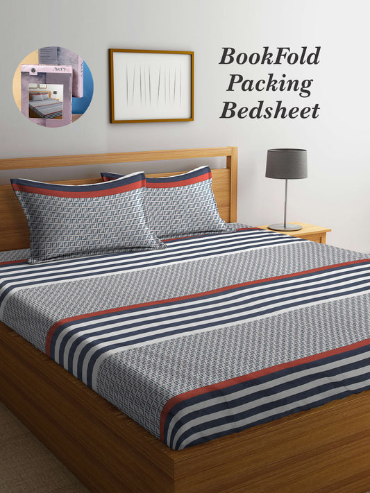 Arrabi Multi Geometric TC Cotton Blend Super King Size Bookfold Bedsheet with 2 Pillow Covers (270 X 260 cm)