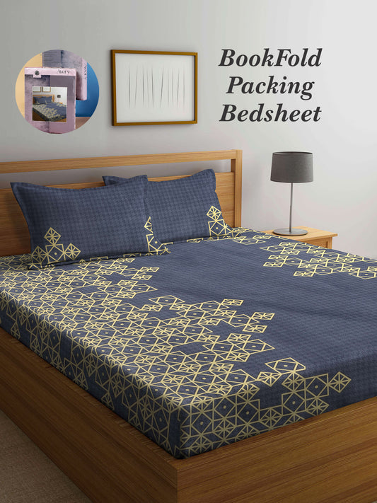 Arrabi Grey Geometric TC Cotton Blend King Size Bookfold Bedsheet with 2 Pillow Covers (250 X 220 cm)