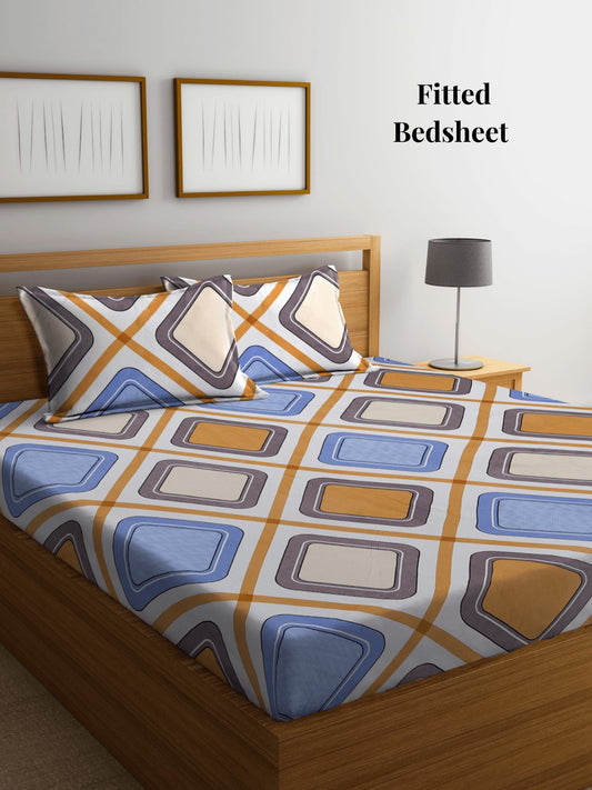 Arrabi Multi Geometric TC Cotton Blend Super King Size Fitted Bedsheet with 2 Pillow Covers (270 X 260 Cm)