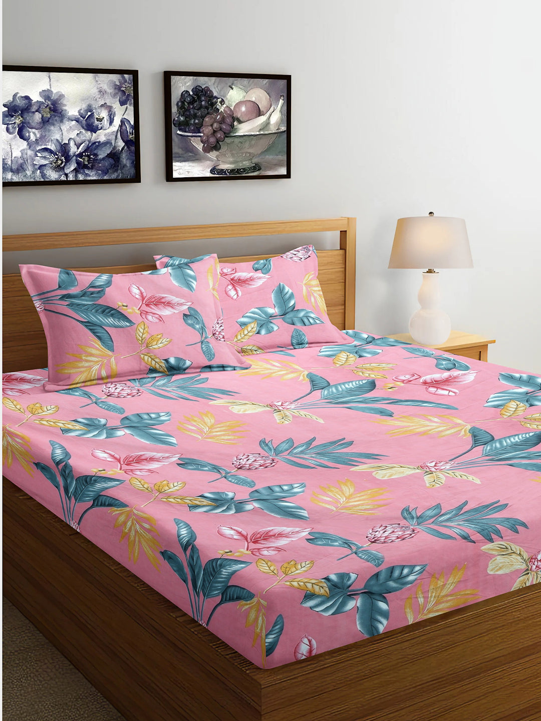 Arrabi Pink Floral TC Cotton Blend King Size Bedsheet with 2 Pillow Covers (250 x 215 cm)