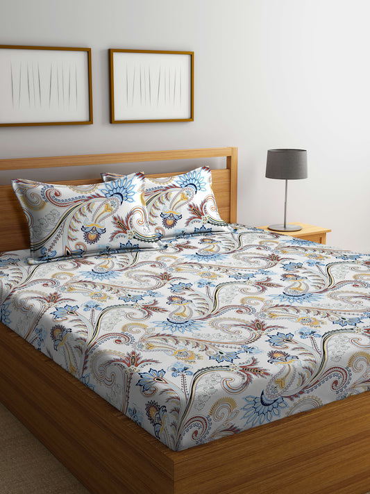 Arrabi White Floral TC Cotton Blend King Size Bedsheet with 2 Pillow Covers (250 X 215 cm)