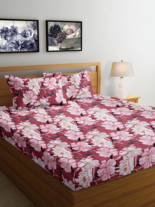 Arrabi Pink Floral TC Cotton Blend Super King Size Bedsheet with 2 Pillow Covers (270 x 260 cm)