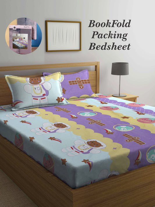 Arrabi Multi Cartoon TC Cotton Blend King Size Bookfold Bedsheet with 2 Pillow Covers (250 X 220 cm)