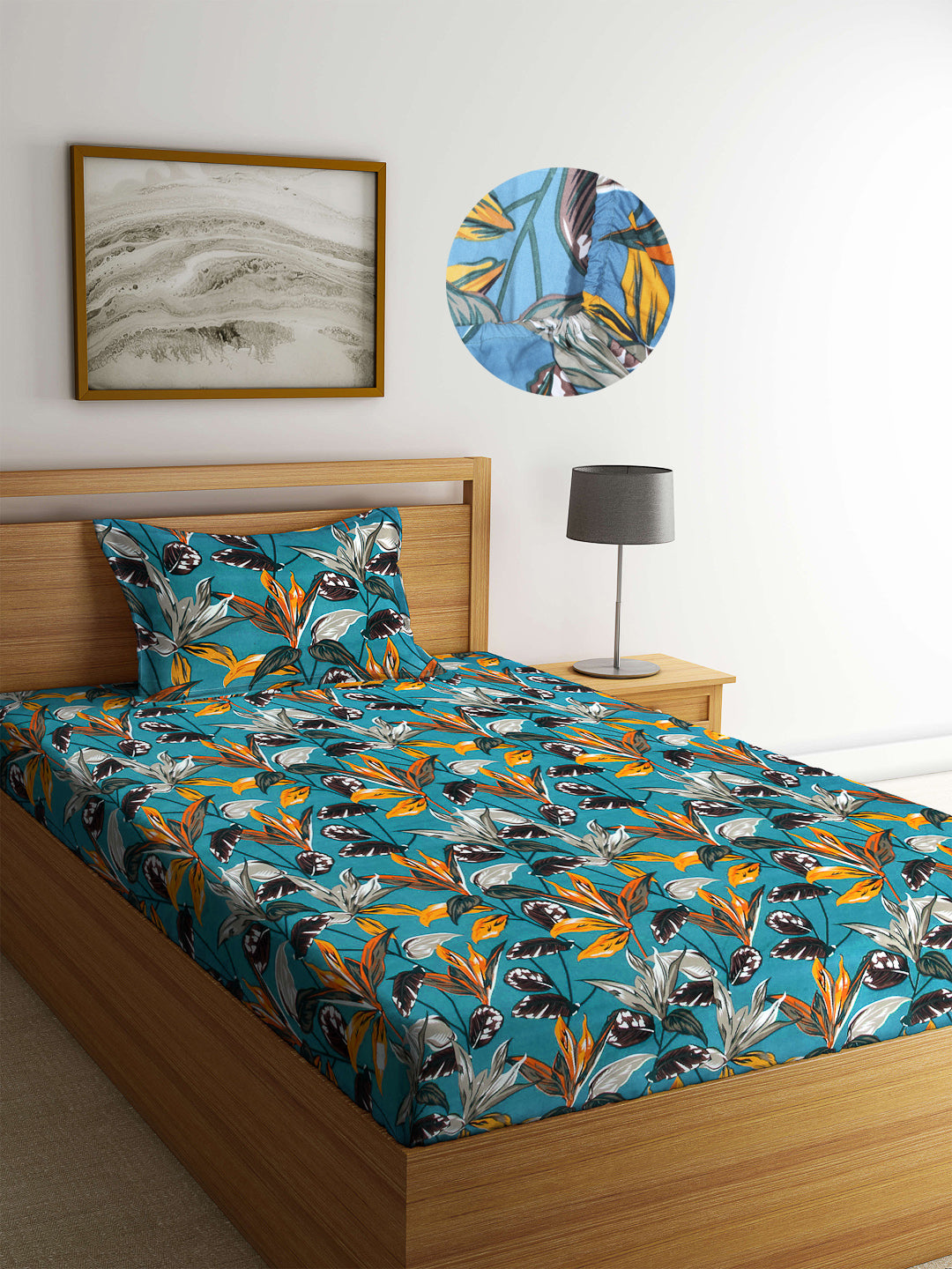 Arrabi Green Leaf TC Cotton Blend Single Size Fitted Bedsheet with 1 Pillow Cover (220 X 150 cm)