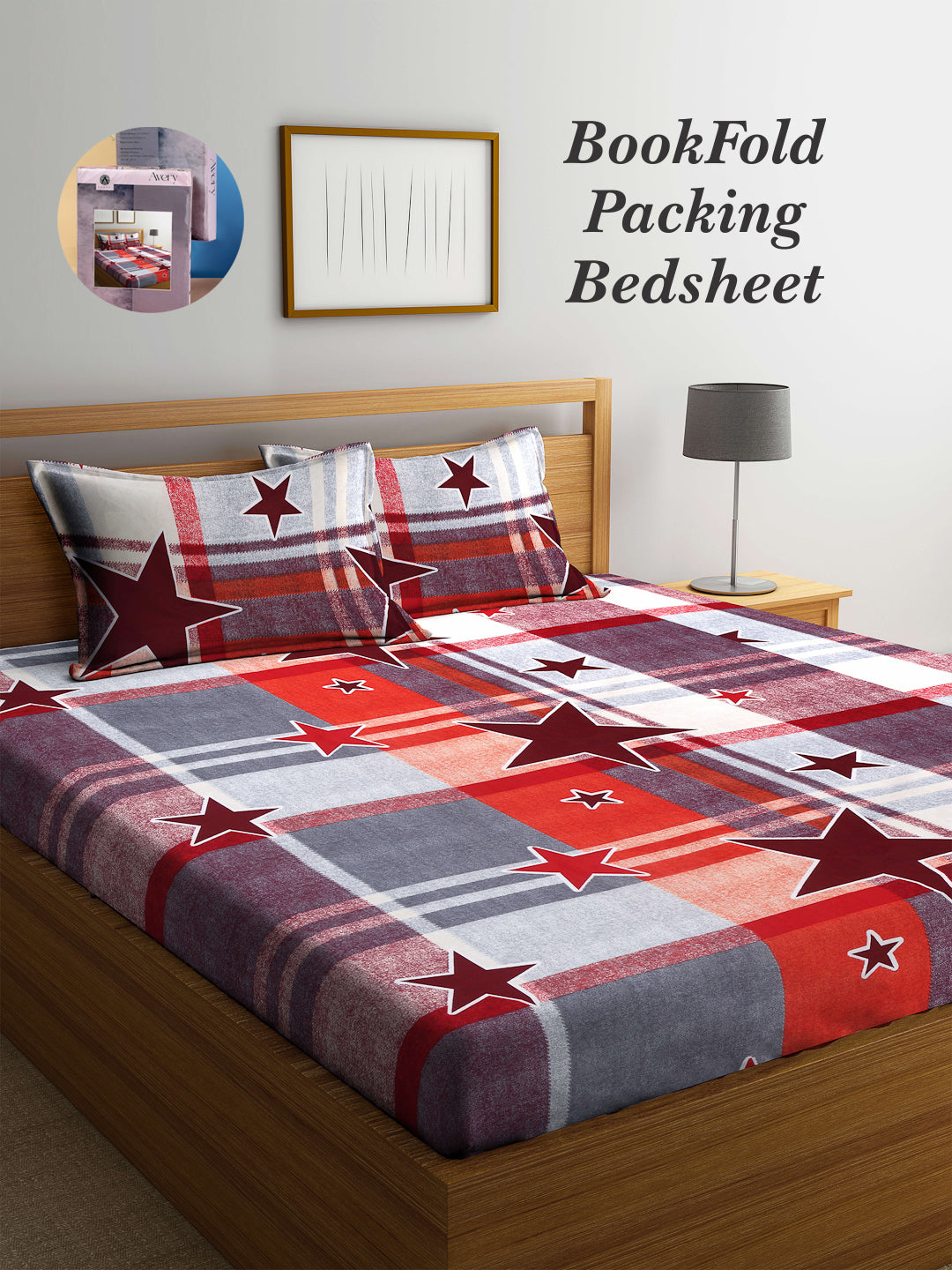 Arrabi Multi Graphic TC Cotton Blend King Size Bookfold Bedsheet with 2 Pillow Covers (250 X 220 cm)