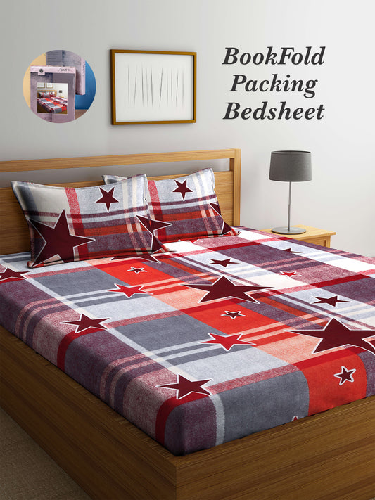 Arrabi Multi Graphic TC Cotton Blend King Size Bookfold Bedsheet with 2 Pillow Covers (250 X 220 cm)