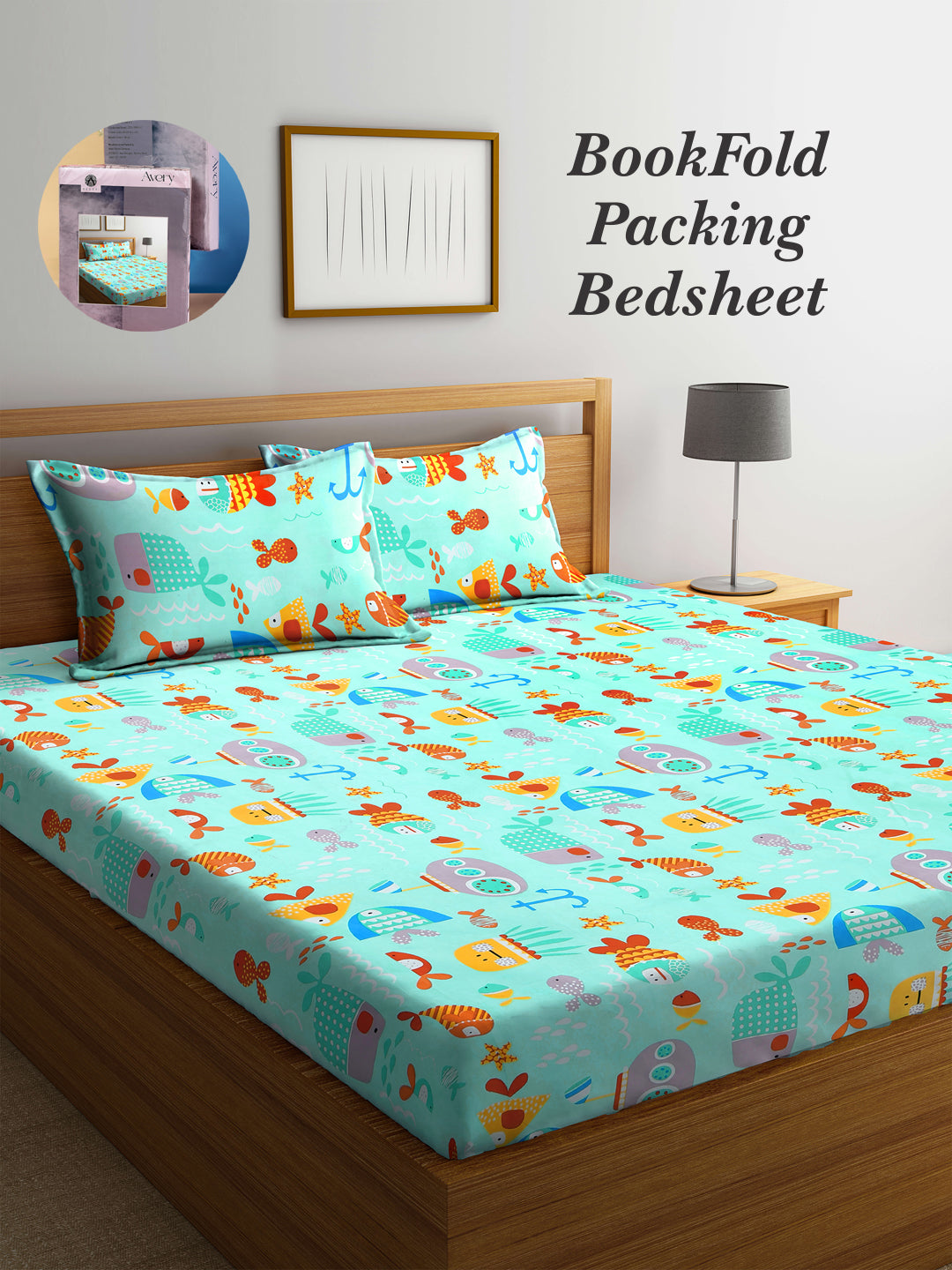 Arrabi Multi Cartoon TC Cotton Blend King Size Bookfold Bedsheet with 2 Pillow Covers (250 X 220 cm)