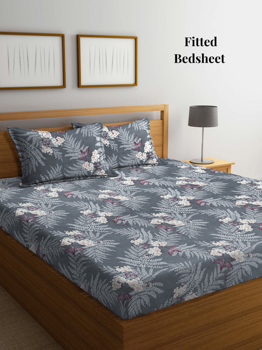 Arrabi Grey Floral TC Cotton Blend Super King Size Fitted Bedsheet with 2 Pillow Covers (270 X 260 Cm)