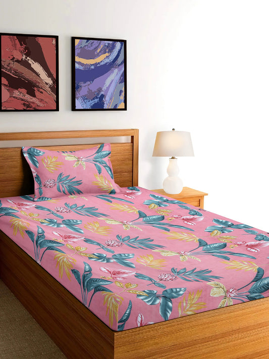 Arrabi Pink Floral TC Cotton Blend Single Size Bedsheet with 1 Pillow Cover (215 x 150 cm)