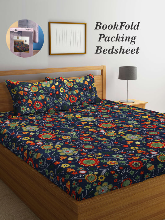 Arrabi Blue Floral TC Cotton Blend King Size Bookfold Bedsheet with 2 Pillow Covers (250 X 215 cm)