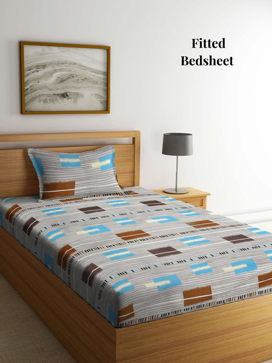 Arrabi Multi Geometric TC Cotton Blend Single Size Fitted Bedsheet with 1 Pillow Cover (215 x 150 cm)