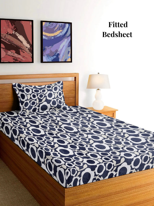 Arrabi Grey Floral TC Cotton Blend Single Size Fitted Bedsheet with 1 Pillow Cover (215 x 150 cm)
