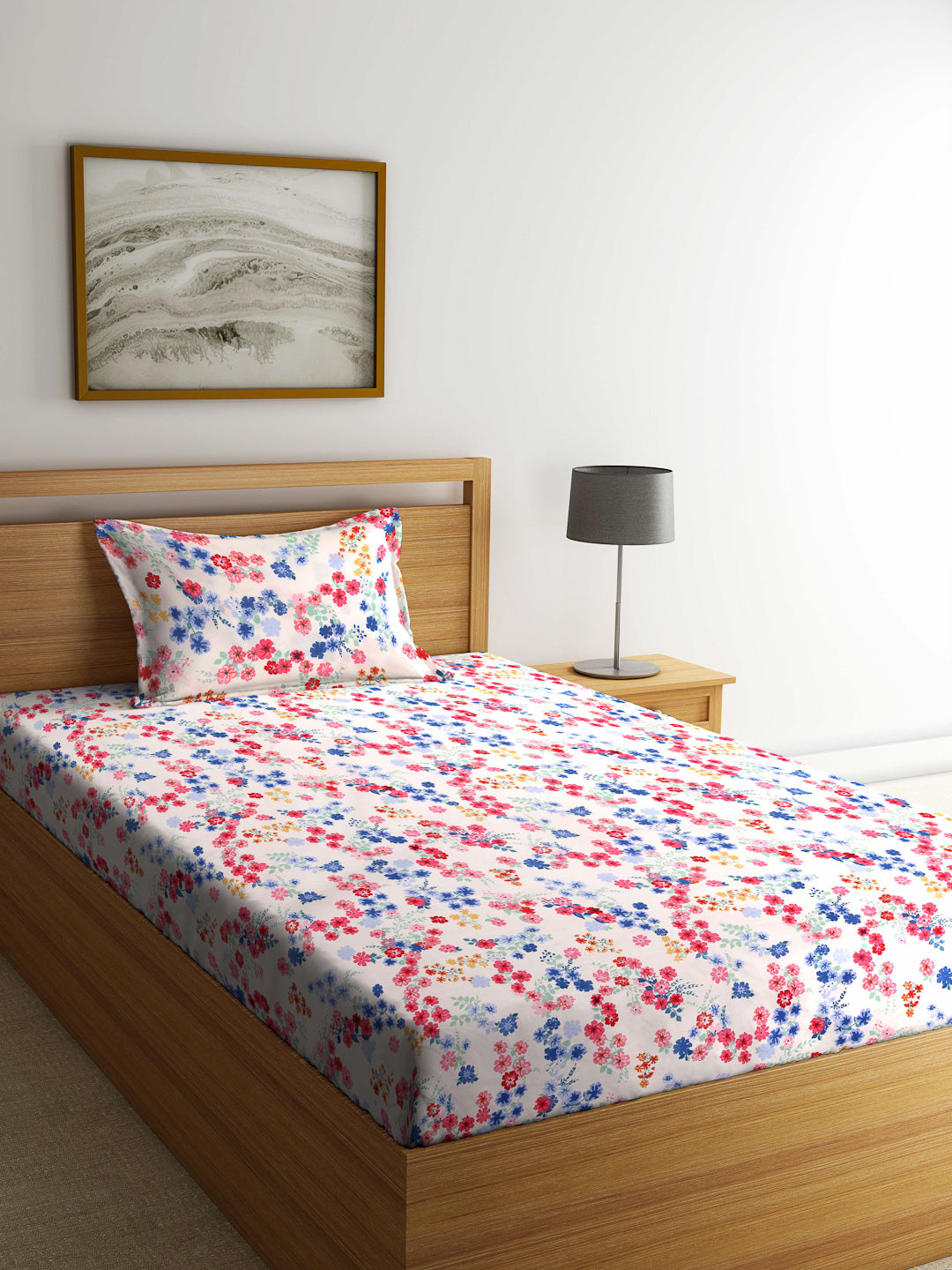 Arrabi Pink Floral TC Cotton Blend Single Size Bedsheet with 1 Pillow Cover (215 x 150 cm)