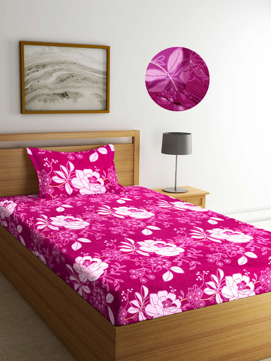 Arrabi Pink Floral TC Cotton Blend Single Size Fitted Bedsheet with 1 Pillow Cover (220 X 150 cm)