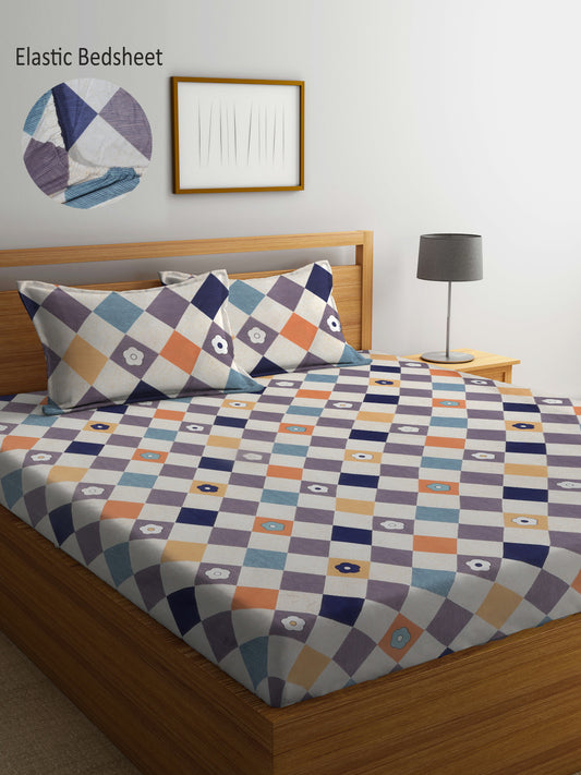 Arrabi Multi Geometric TC Cotton Blend Super King Size Fitted Bedsheet with 2 Pillow Covers (270 X 260 Cm )