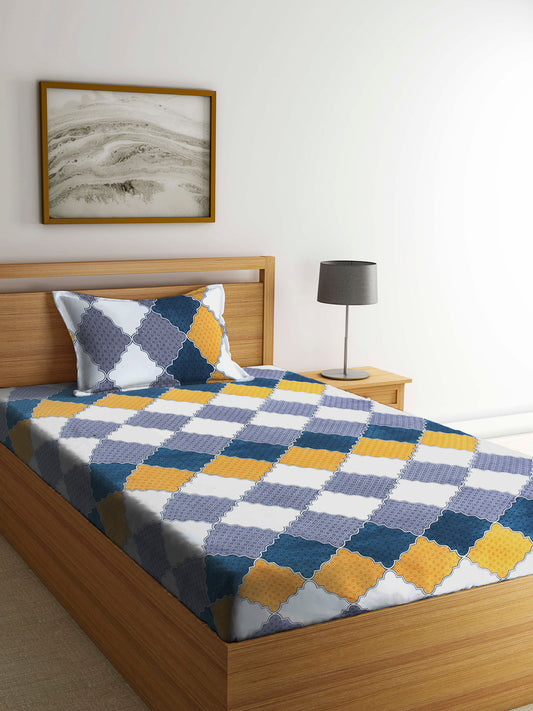 Arrabi Multi Geometric TC Cotton Blend Single Size Bedsheet with 1 Pillow Cover (220 x 150 cm)