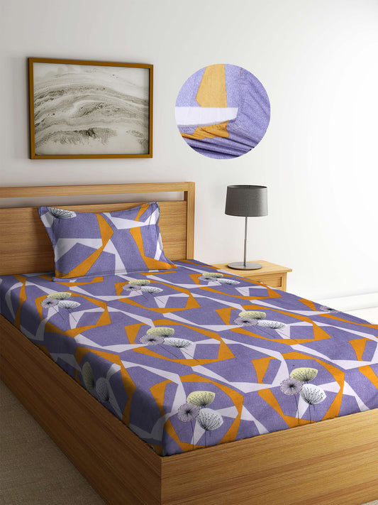 Arrabi Grey Floral TC Cotton Blend Single Size Fitted Bedsheet with 1 Pillow Cover (220 X 150 cm)