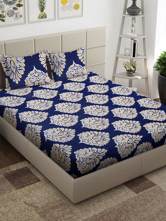 Arrabi Blue Floral TC Cotton Blend Super King Size Bedsheet with 2 Pillow Covers (270 x 260 cm)