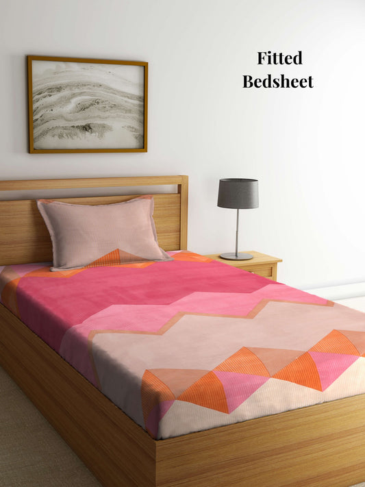 Arrabi Multi Geometric TC Cotton Blend Single Size Fitted Bedsheet with 1 Pillow Cover (215 x 150 cm)