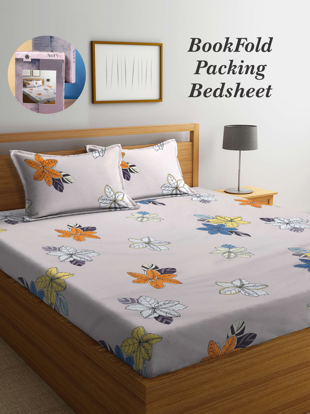 Arrabi Beige Floral TC Cotton Blend King Size Bookfold Bedsheet with 2 Pillow Covers (250 X 215 cm)