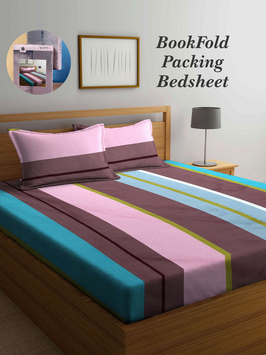 Arrabi Multi Stripes TC Cotton Blend King Size Bookfold Bedsheet with 2 Pillow Covers (250 X 215 cm)
