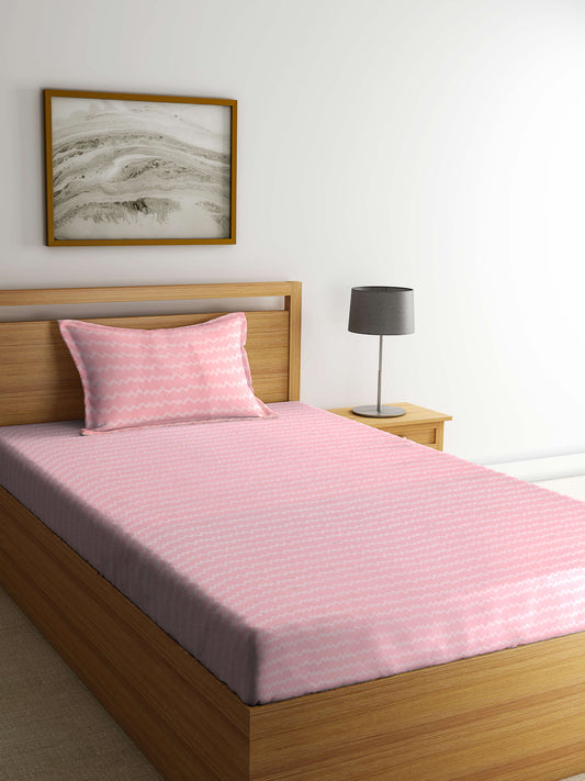 Arrabi Pink Striped TC Cotton Blend Single Size Bedsheet with 1 Pillow Cover (215 x 150 cm)