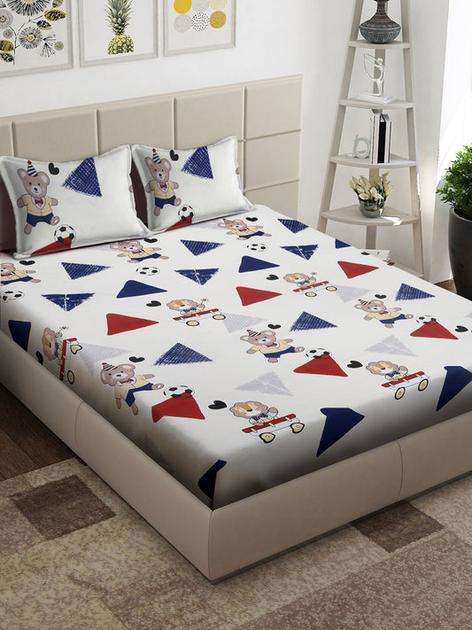 Arrabi Cream Cartoon TC Cotton Blend Super King Size Bedsheet with 2 Pillow Covers (270 x 260 cm)