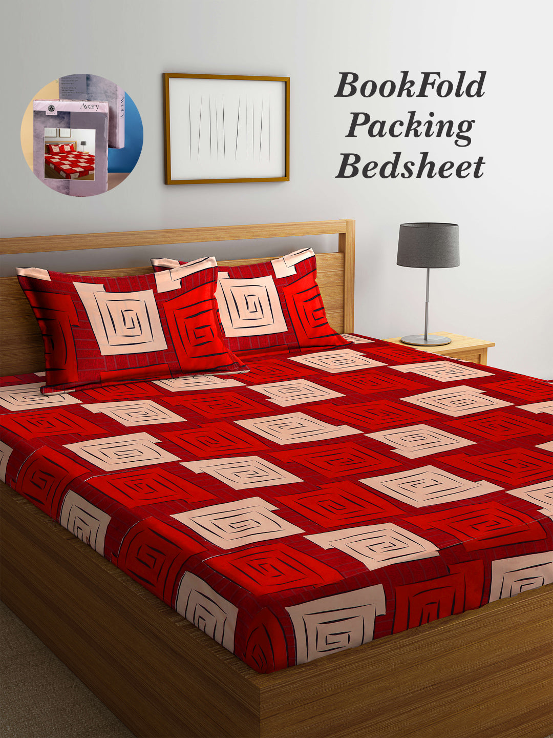 Arrabi Red Geometric TC Cotton Blend King Size Bookfold Bedsheet with 2 Pillow Covers (250 X 220 cm)