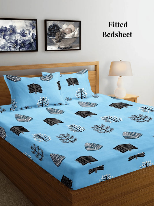 Arrabi Blue Floral TC Cotton Blend Super King Size Fitted Bedsheet with 2 Pillow Covers (270 X 260 Cm)