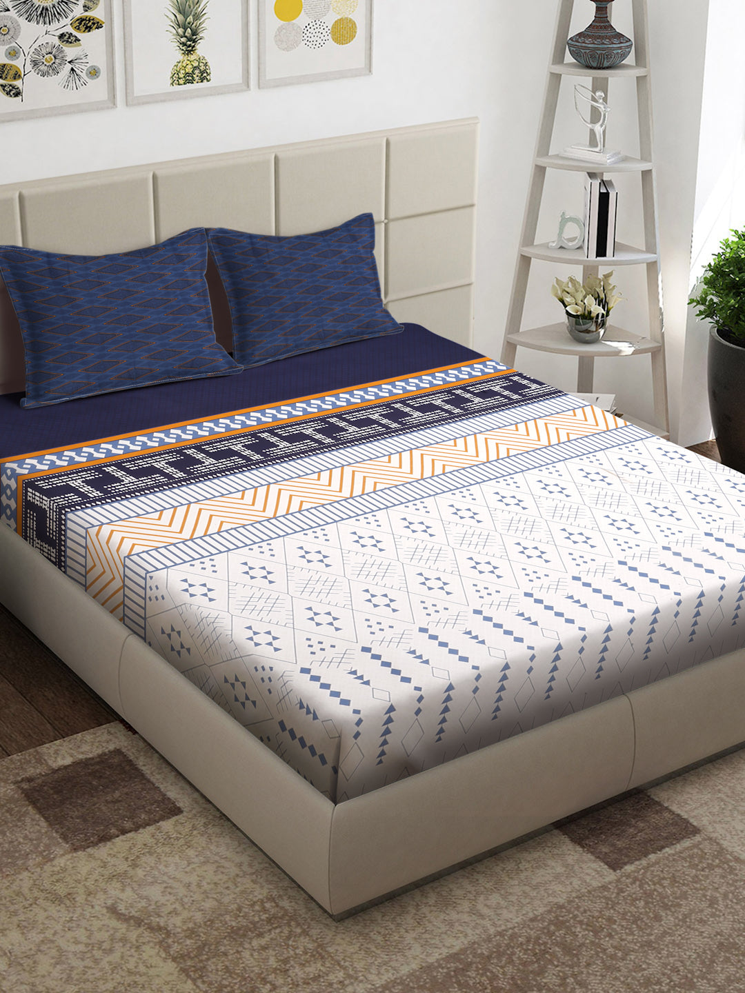 Arrabi Multi Geometric TC Cotton Blend Super King Size Bedsheet with 2 Pillow Covers (270 x 260 cm)